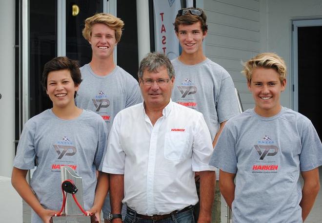 2014 Harken Schools Regatta Winners - Kristin School (Leonard Takahashi, Sam Hassall, Rory McCutcheon & Oscar Gunn pictured with Harken NZ Managing Director Garry Lock) - HARKEN Schools Regatta © Sara Tucker